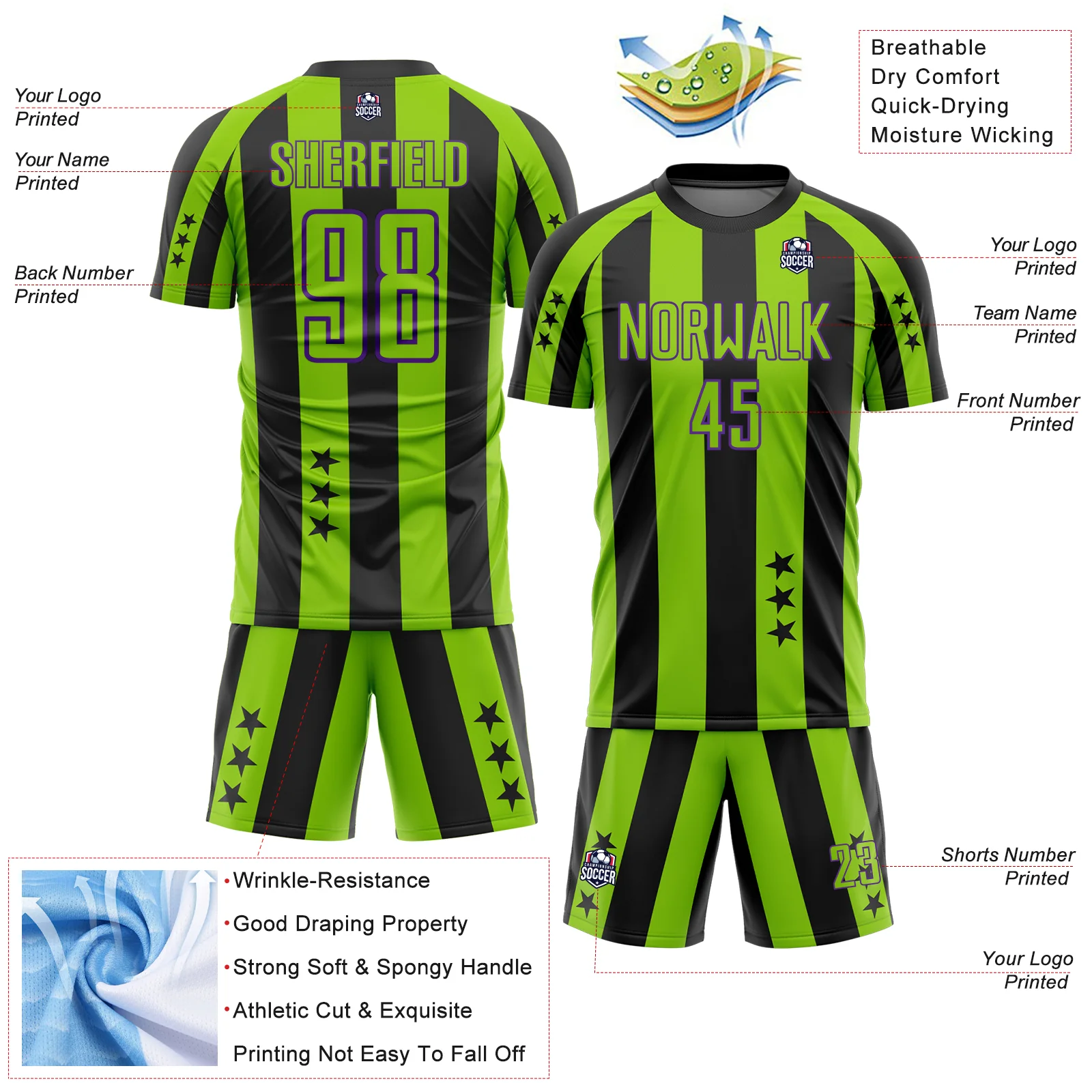 Custom Black Neon Green-Purple Stars And Stripes Sports Sublimation Soccer Uniform Jersey - Image 4