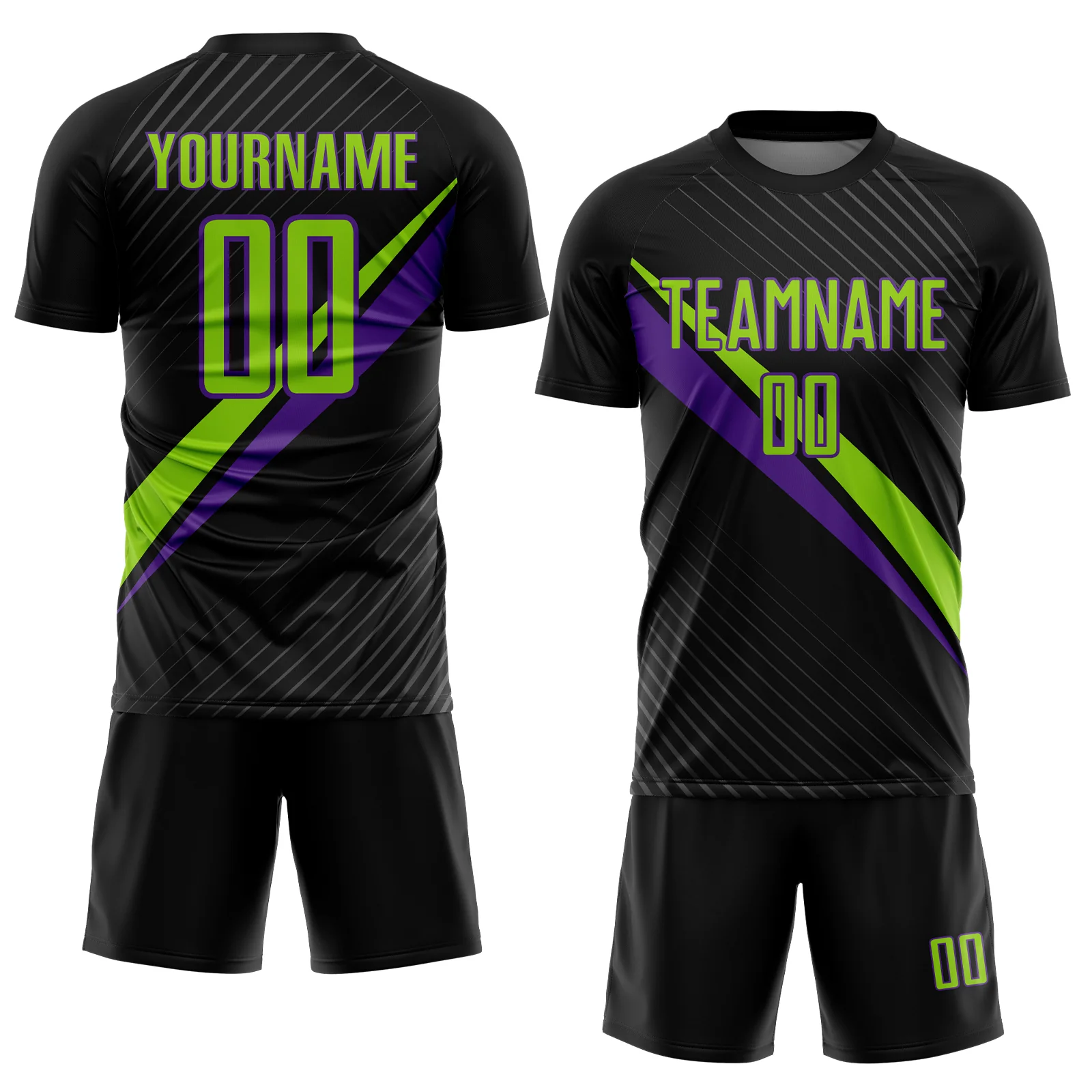 Custom Black Neon Green-Purple Diagonal Stripes Sports Sublimation Soccer Uniform Jersey - Image 2