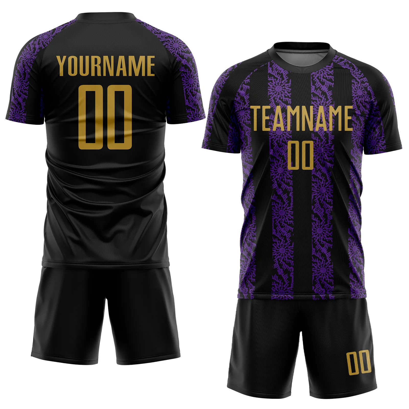Custom Black Old Gold-Purple Abstract Shape Sublimation Soccer Uniform Jersey - Image 2