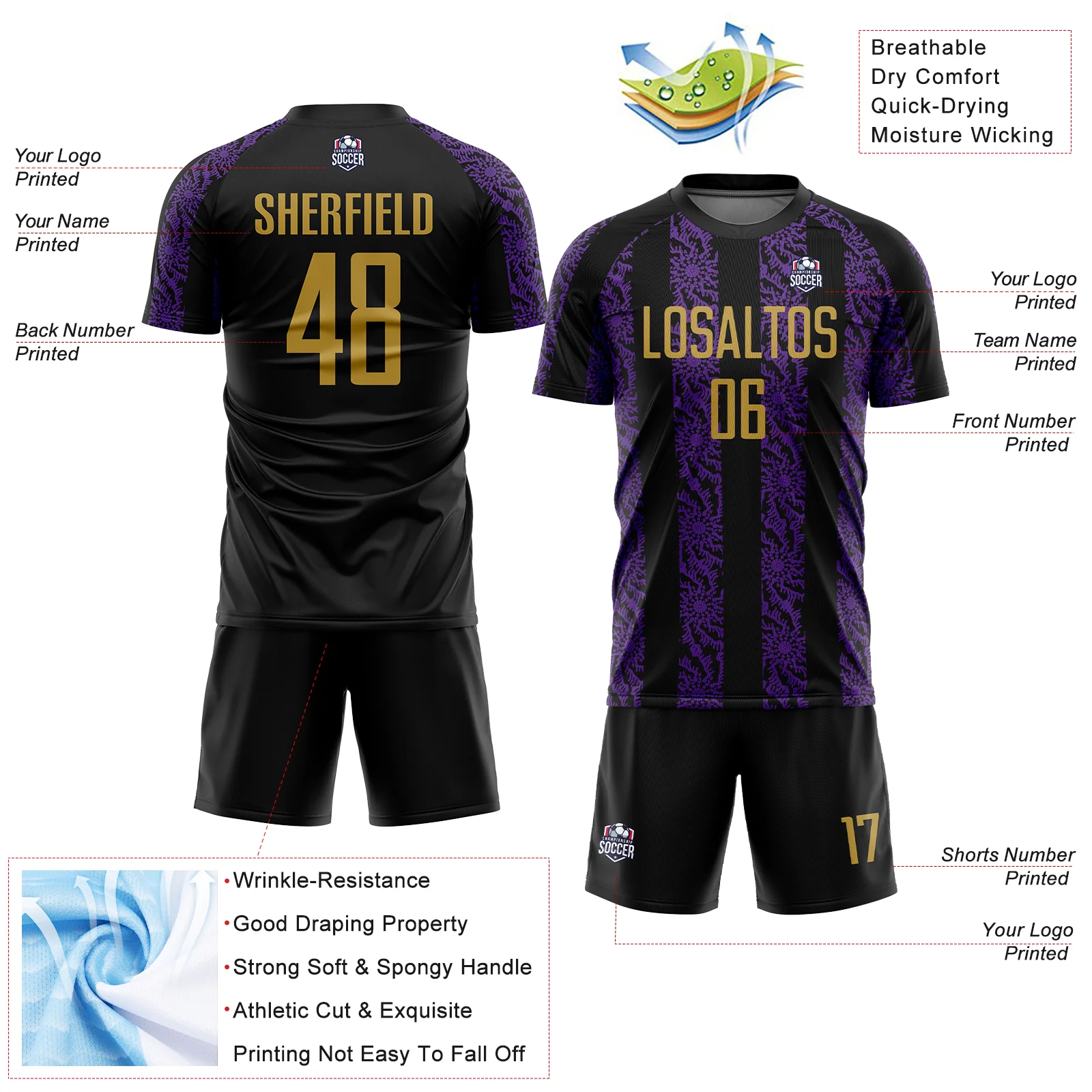Custom Black Old Gold-Purple Abstract Shape Sublimation Soccer Uniform Jersey - Image 4