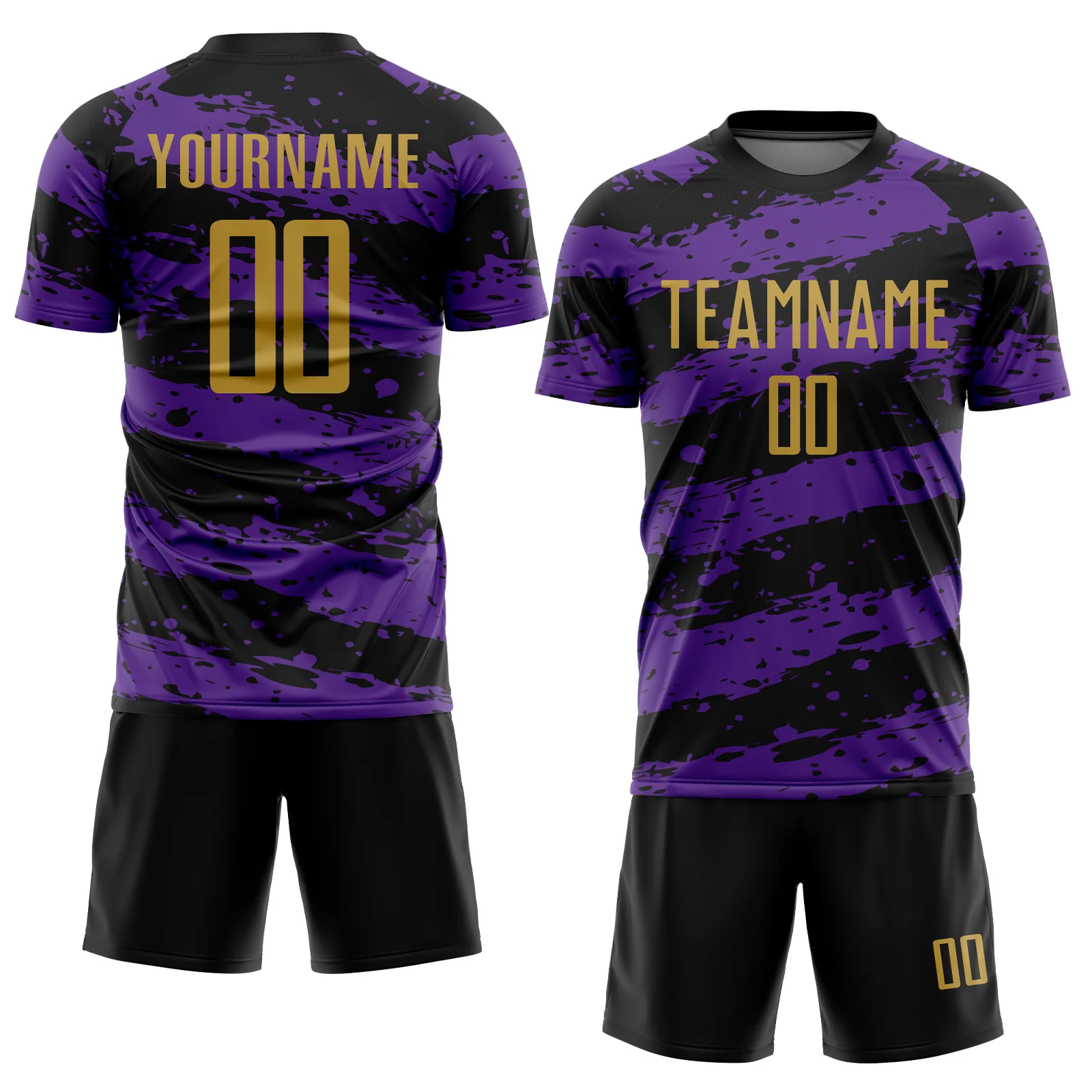 Custom Black Old Gold-Purple Splash Sublimation Soccer Uniform Jersey - Image 2