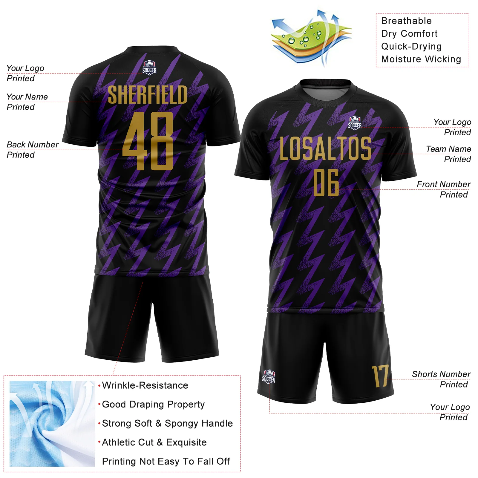 Custom Black Old Gold-Purple Zigzag Shape Sublimation Soccer Uniform Jersey - Image 4
