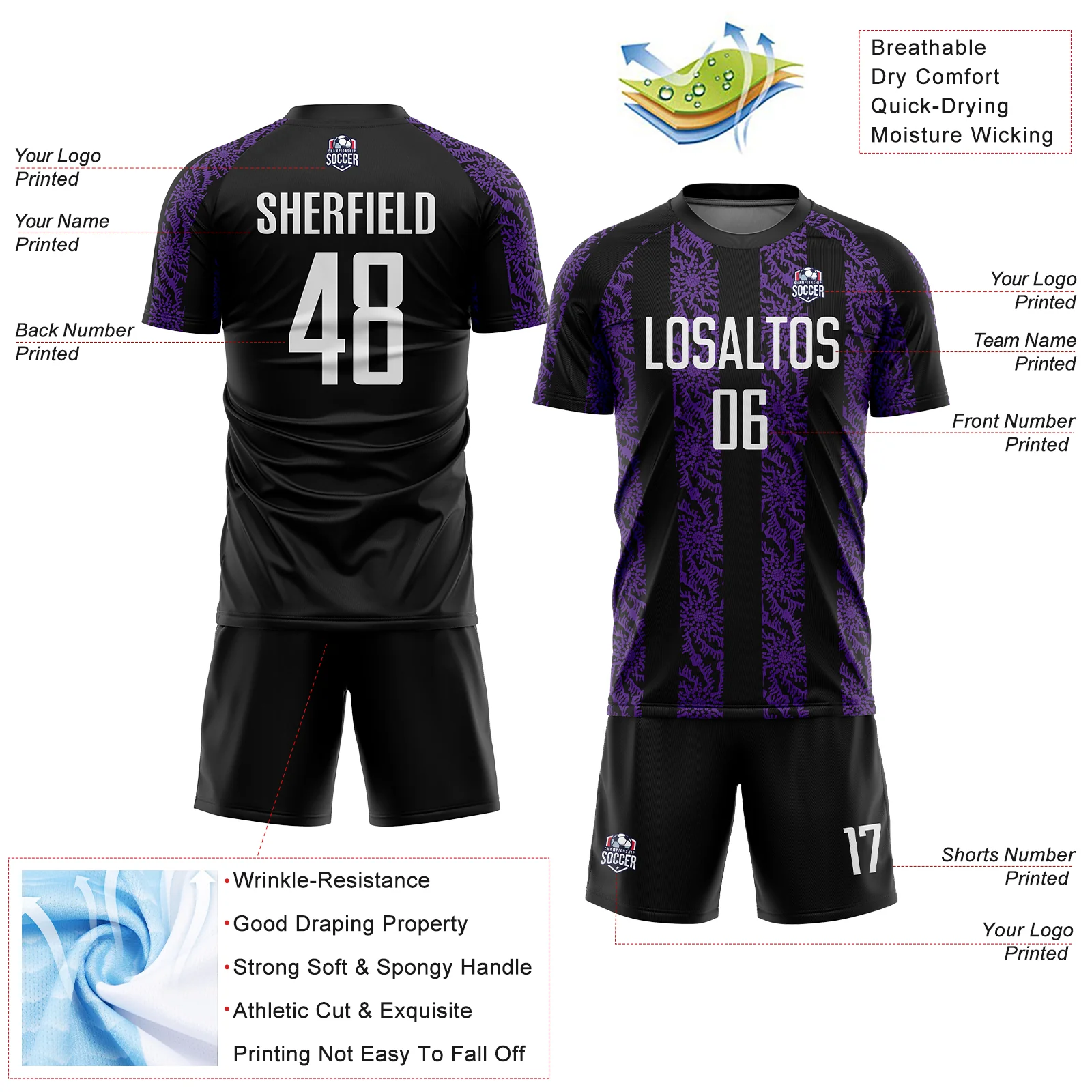 Custom Black White-Purple Abstract Shape Sublimation Soccer Uniform Jersey - Image 4