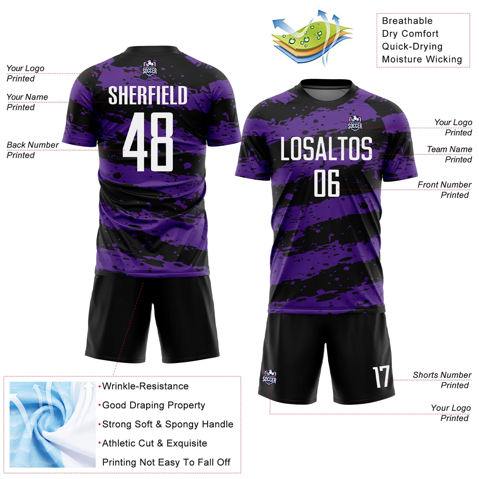 Custom Black White-Purple Splash Sublimation Soccer Uniform Jersey - Image 4