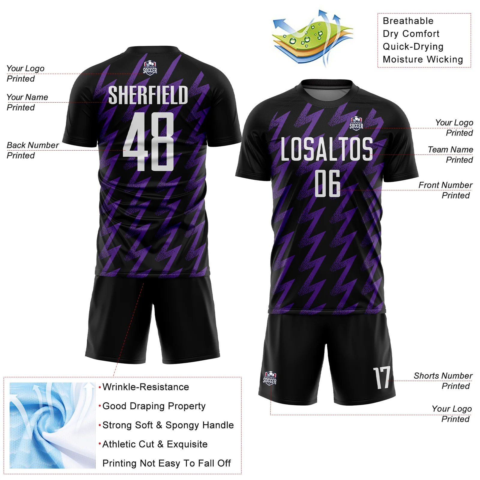 Custom Black White-Purple Zigzag Shape Sublimation Soccer Uniform Jersey - Image 4