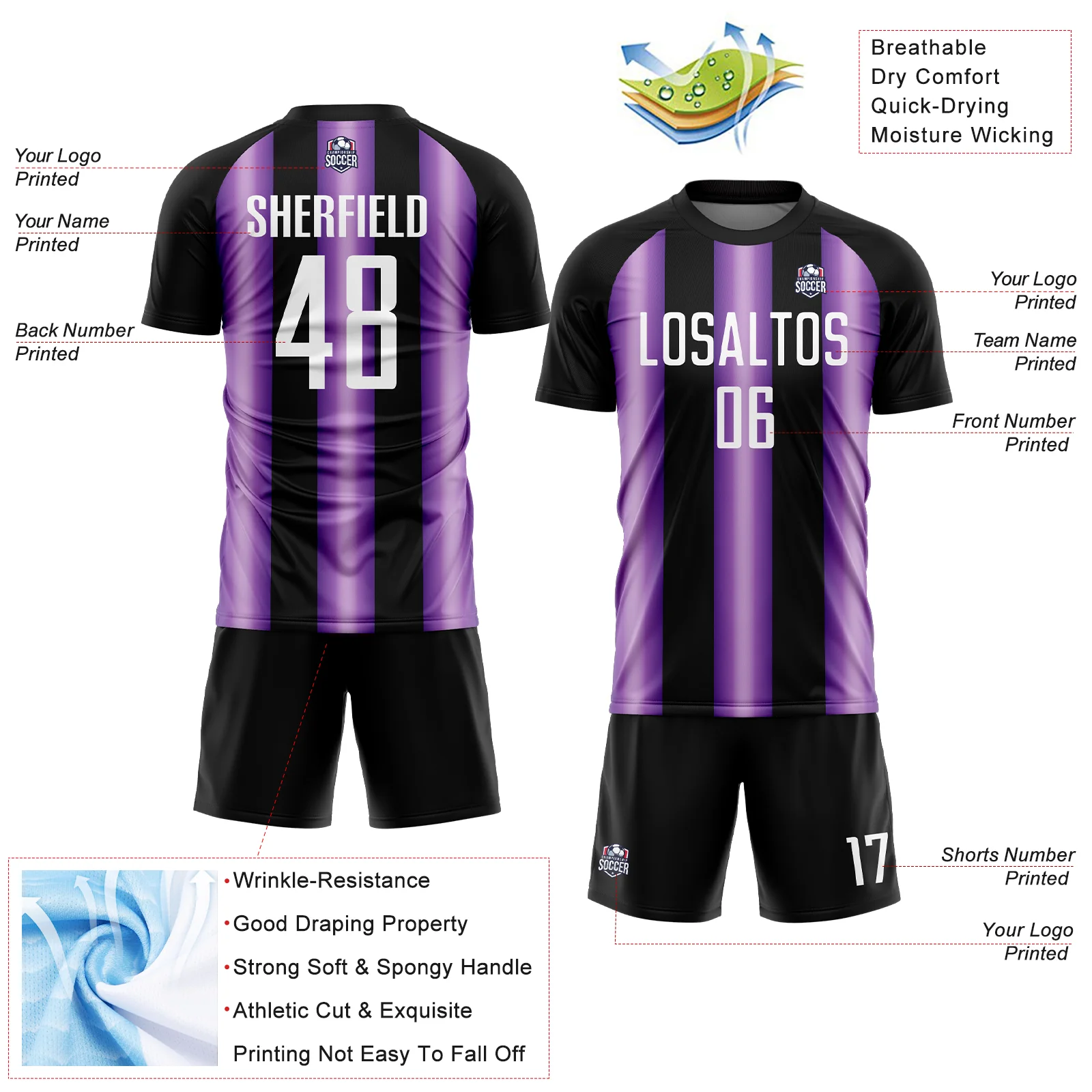 Custom Black White-Purple Stripes Sports Sublimation Soccer Uniform Jersey - Image 4