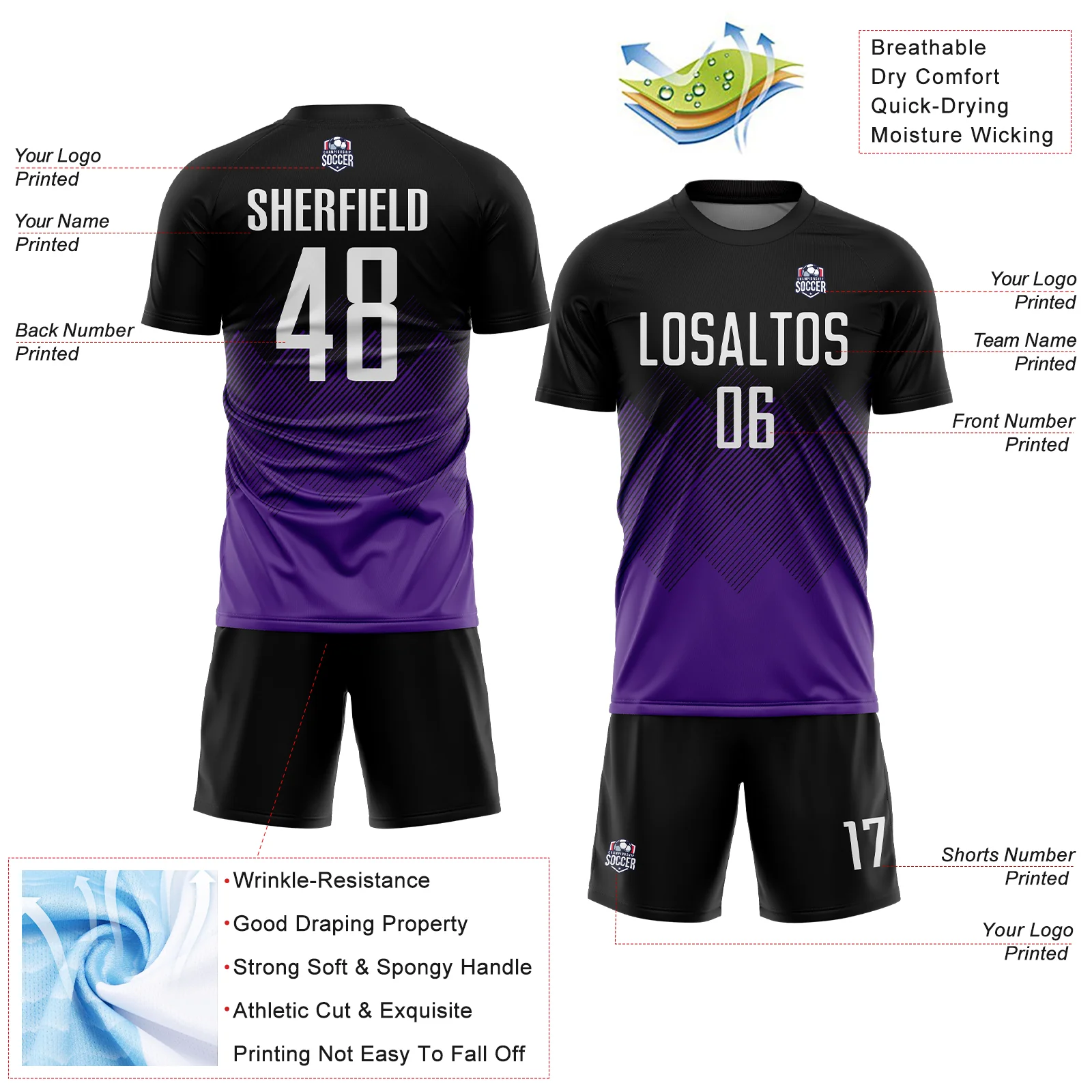 Custom Black White-Purple Gradient Diamond Diagonal Lines Sports Sublimation Soccer Uniform Jersey - Image 4