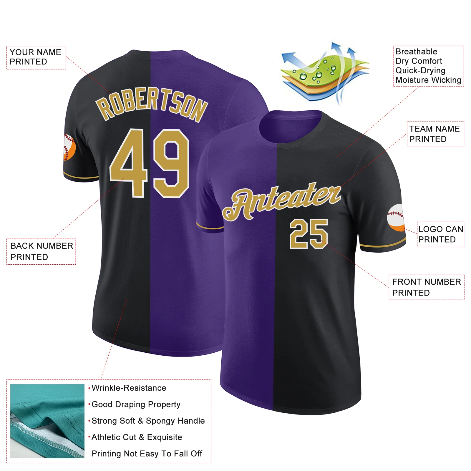 Custom Black Old Gold-Purple Split Fashion Performance T-Shirt - Image 2