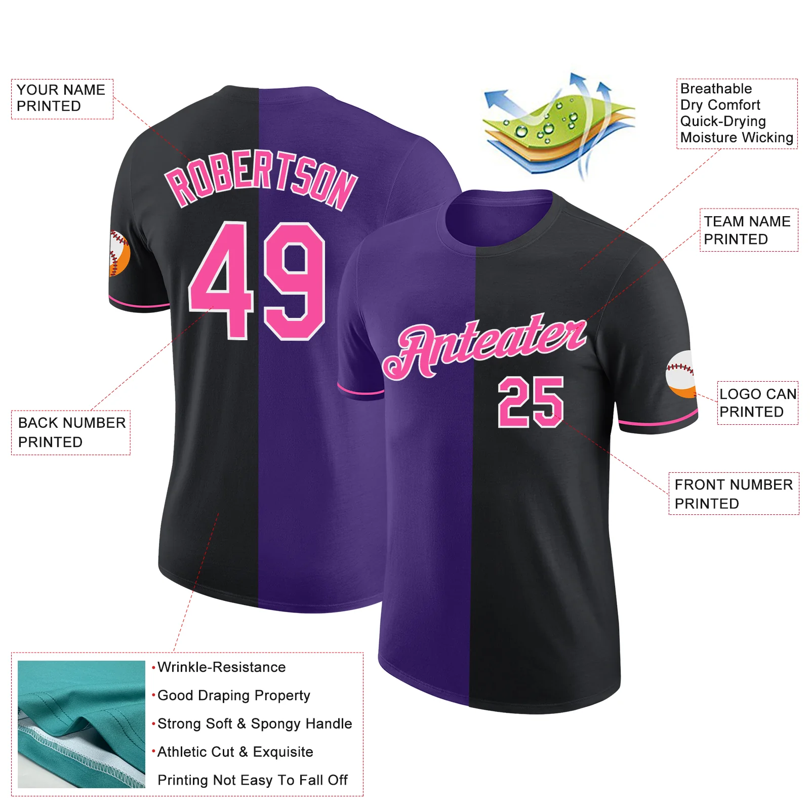 Custom Black Pink-Purple Split Fashion Performance T-Shirt - Image 2