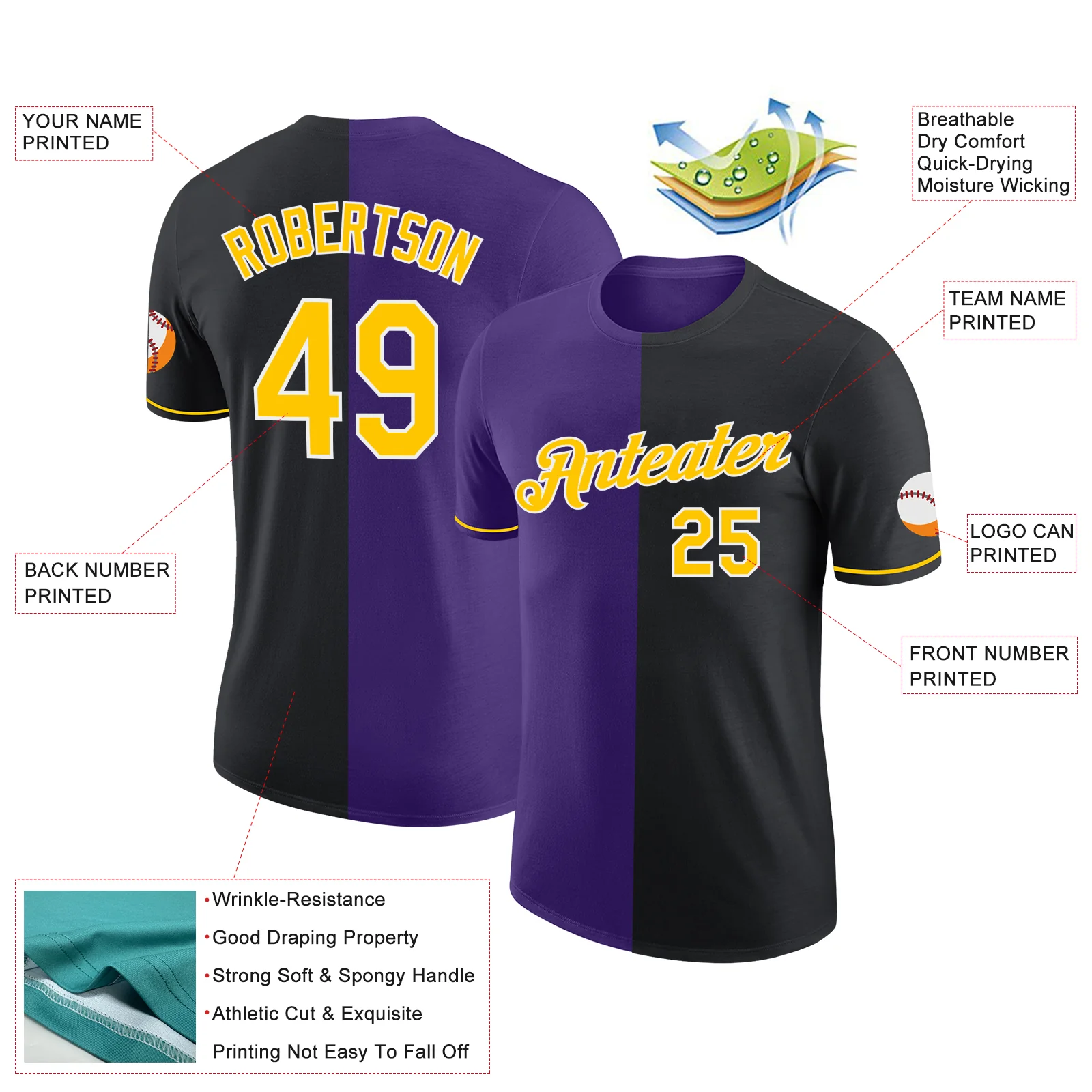 Custom Black Yellow-Purple Split Fashion Performance T-Shirt - Image 2
