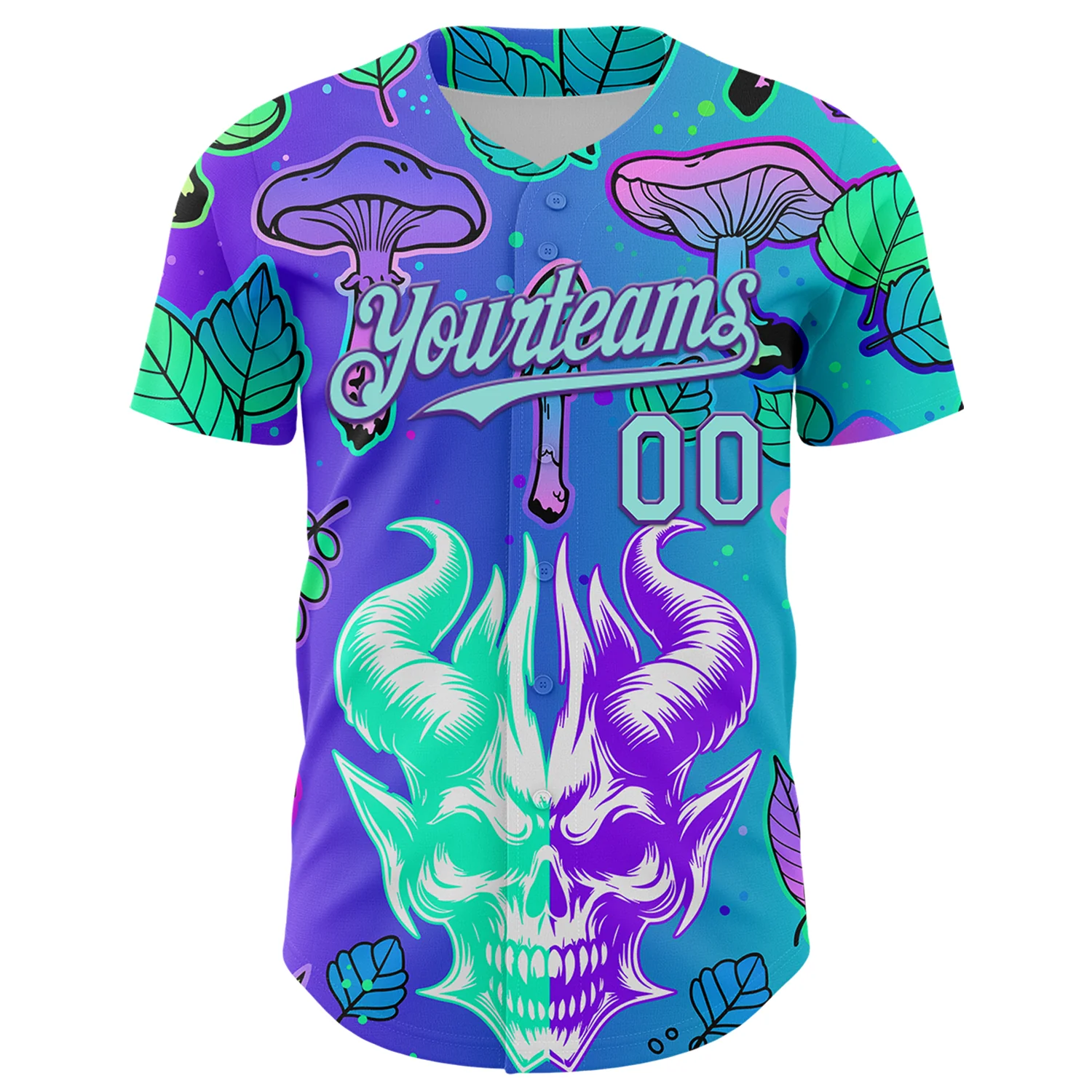 Custom Blue Ice Blue-Purple 3D Pattern Design Trippy Magic Mushrooms Demon Skull Authentic Baseball Jersey - Image 2