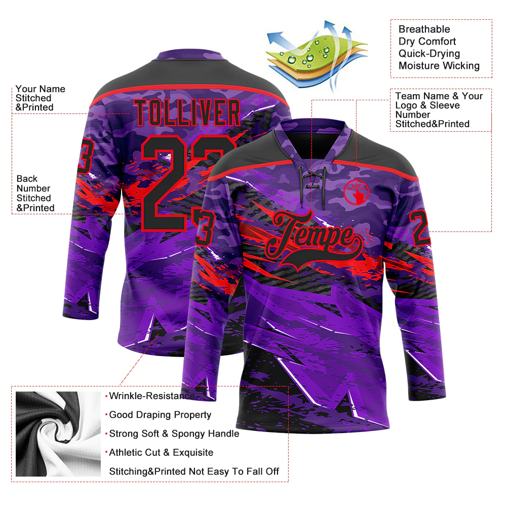 Custom Camo Black Purple-Fire Red 3D Camouflage Grunge Hockey Lace Neck Jersey - Image 5