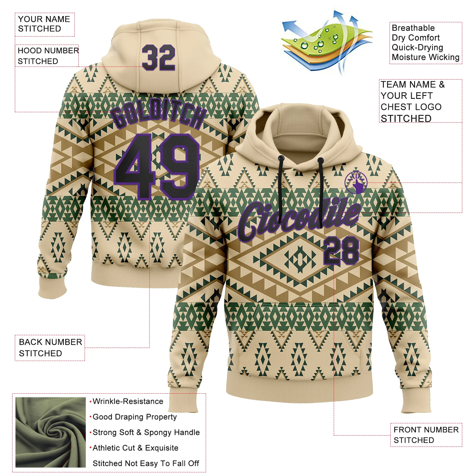 Custom Stitched City Cream Black-Purple 3D Pattern Design Tribal Ethnic Native American Sports Pullover Sweatshirt Hoodie - Image 2