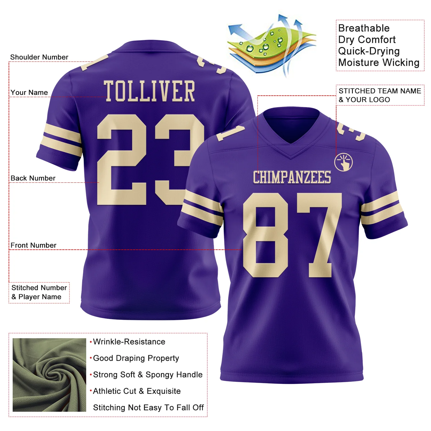 Custom Purple Cream Authentic Football Jersey - Image 3