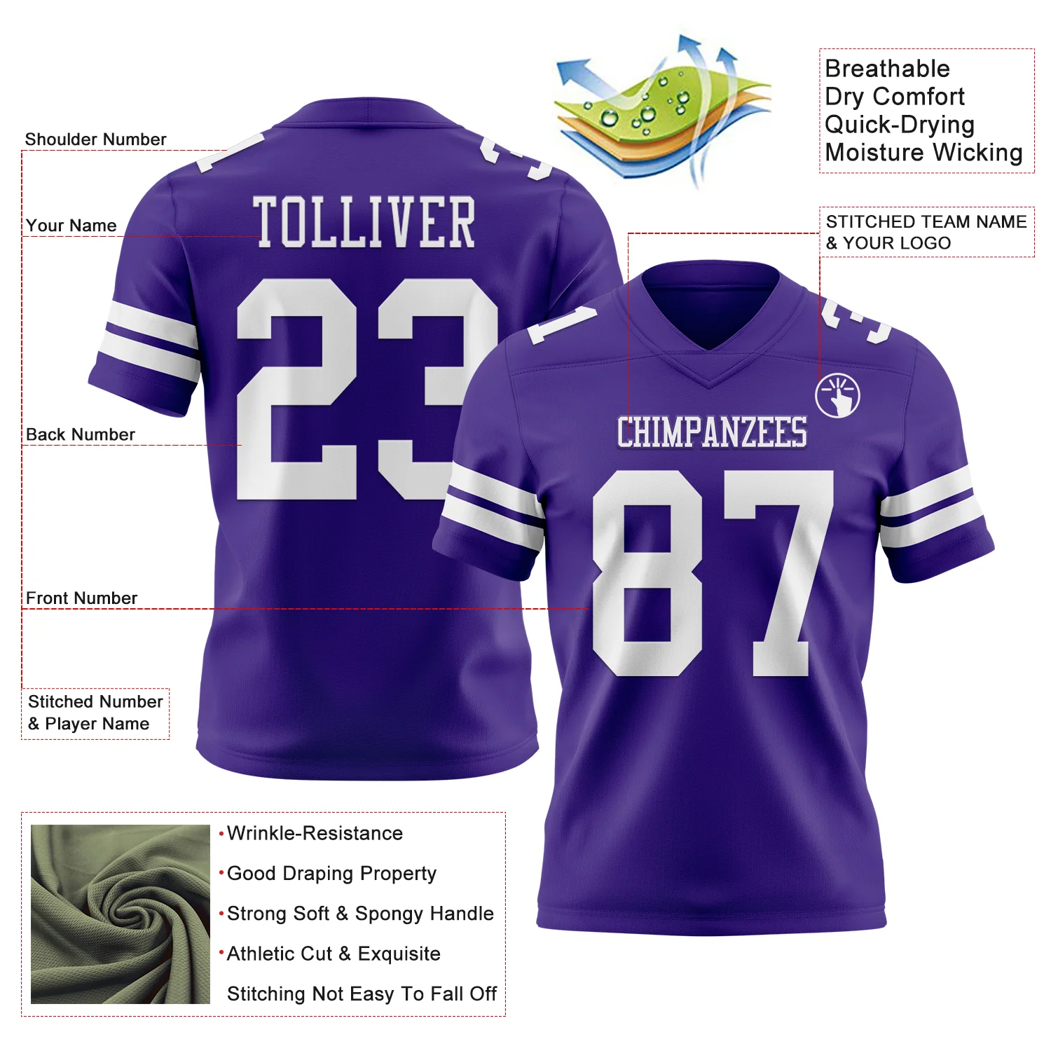 Custom Purple White Authentic Football Jersey - Image 3