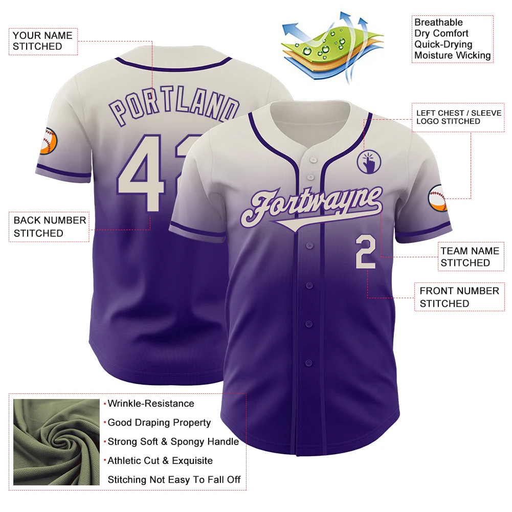 Custom Cream Purple Authentic Fade Fashion Baseball Jersey - Image 3