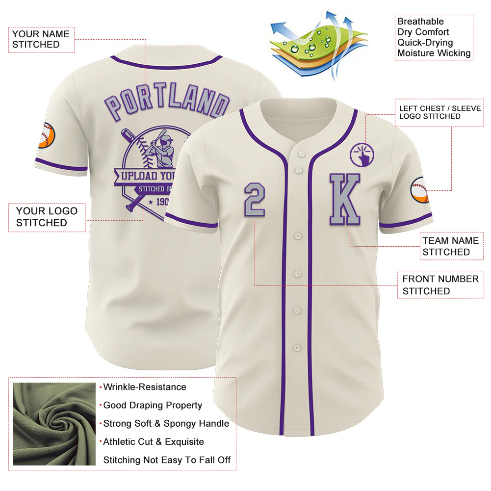 Custom Cream Gray-Purple Authentic Baseball Jersey - Image 6