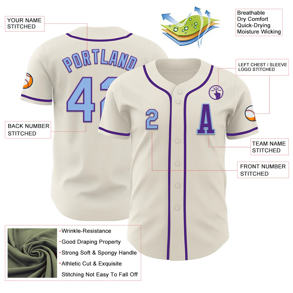 Custom Cream Light Blue-Purple Authentic Baseball Jersey - Image 2