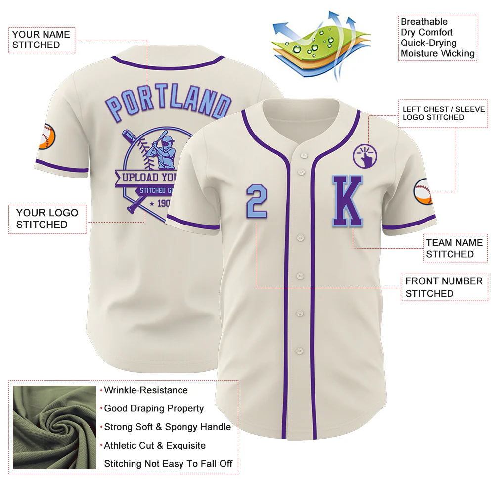 Custom Cream Light Blue-Purple Authentic Baseball Jersey - Image 6