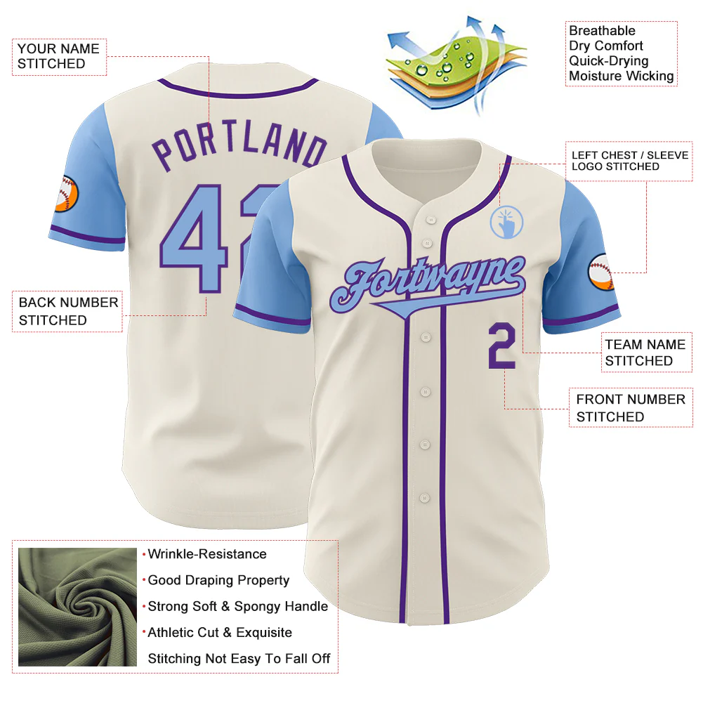 Custom Cream Light Blue-Purple Authentic Two Tone Baseball Jersey - Image 3