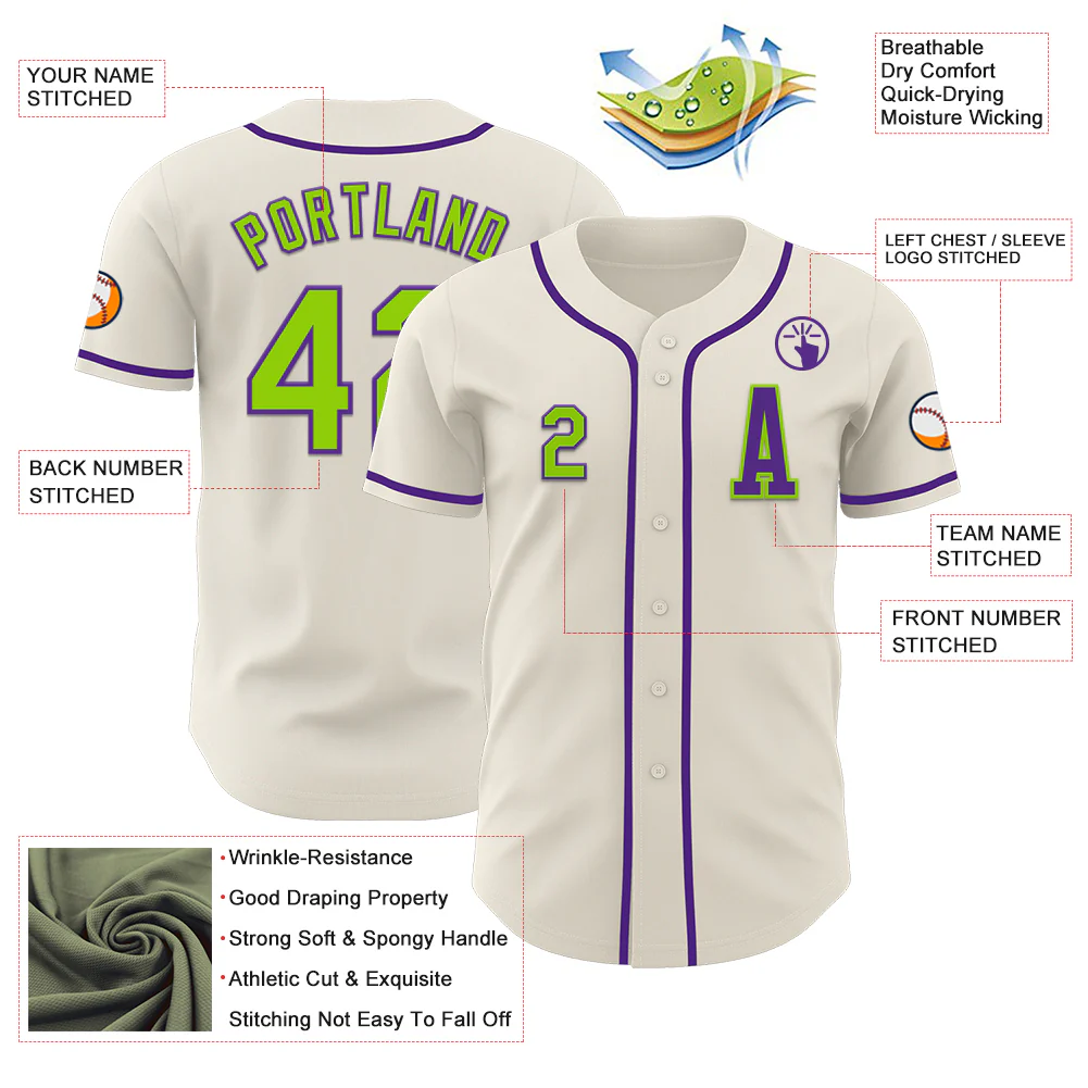 Custom Cream Neon Green-Purple Authentic Baseball Jersey - Image 2
