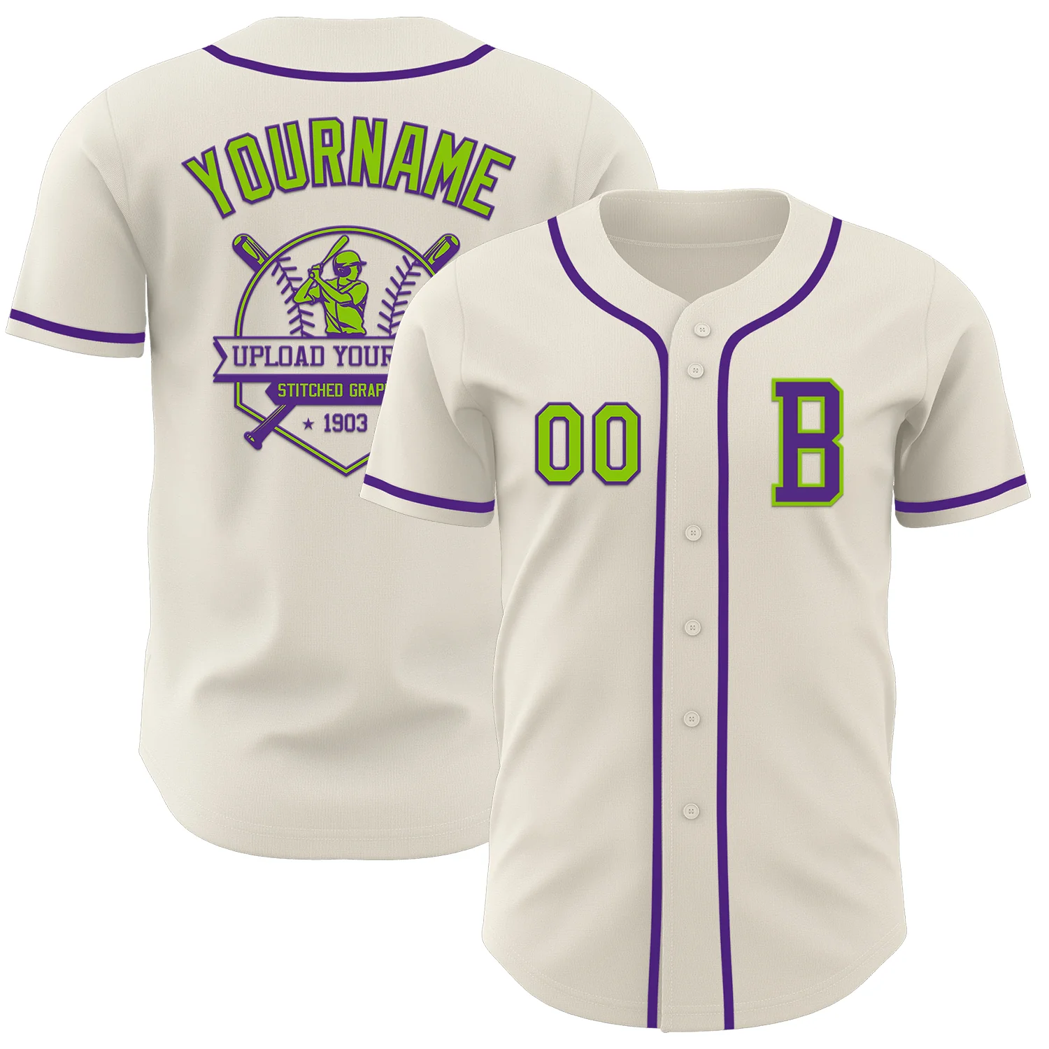 Custom Cream Neon Green-Purple Authentic Baseball Jersey - Image 5