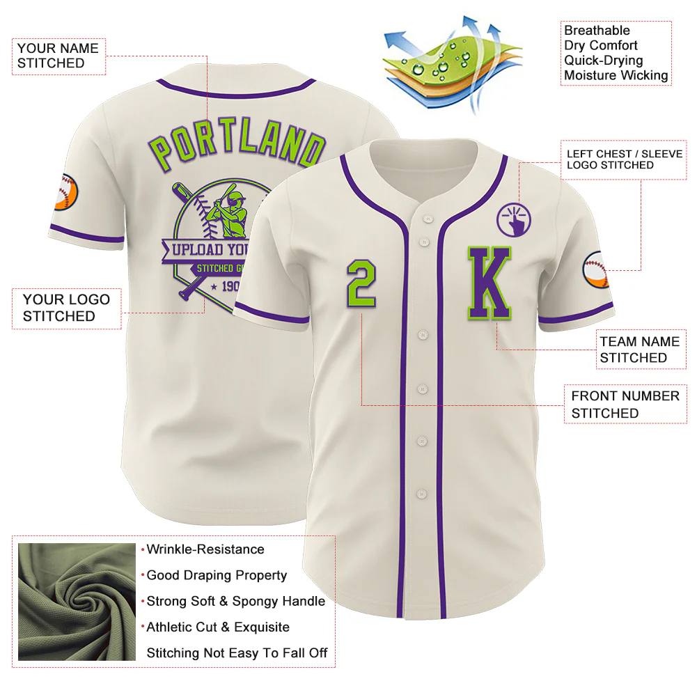Custom Cream Neon Green-Purple Authentic Baseball Jersey - Image 6