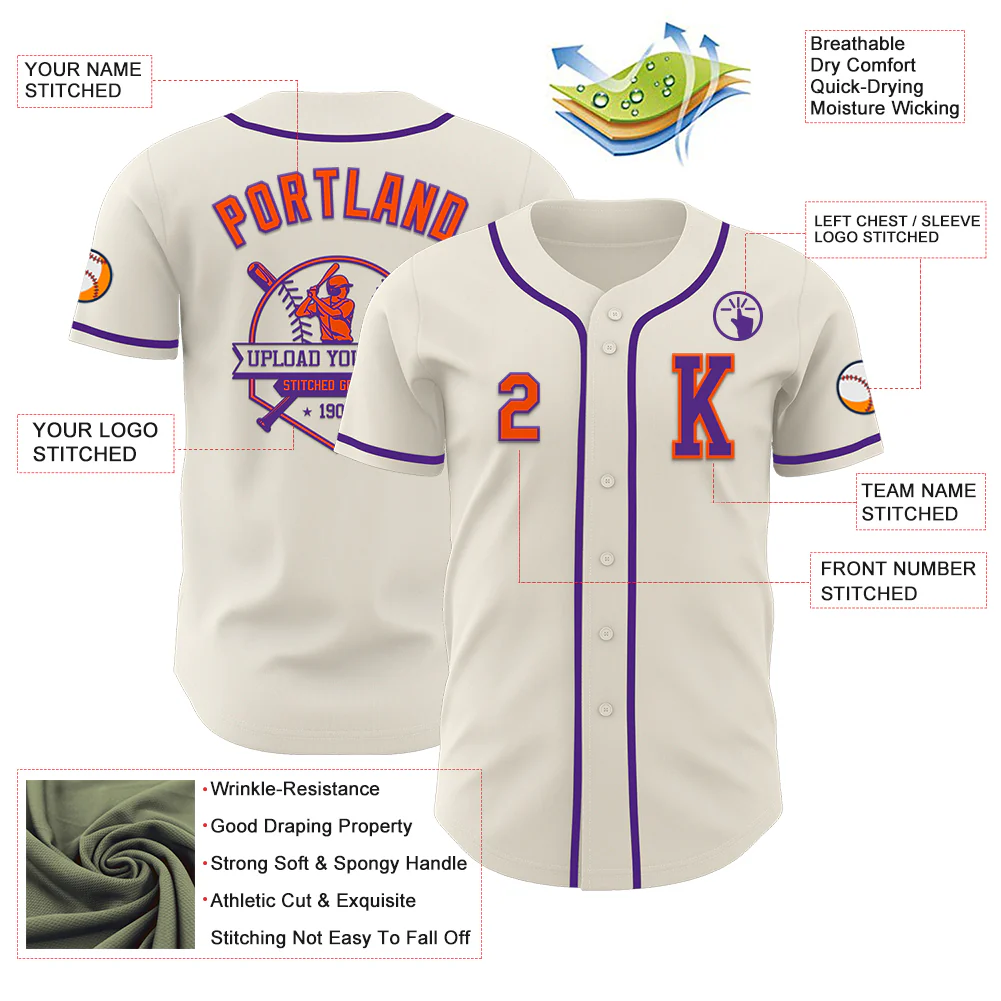 Custom Cream Orange-Purple Authentic Baseball Jersey - Image 6
