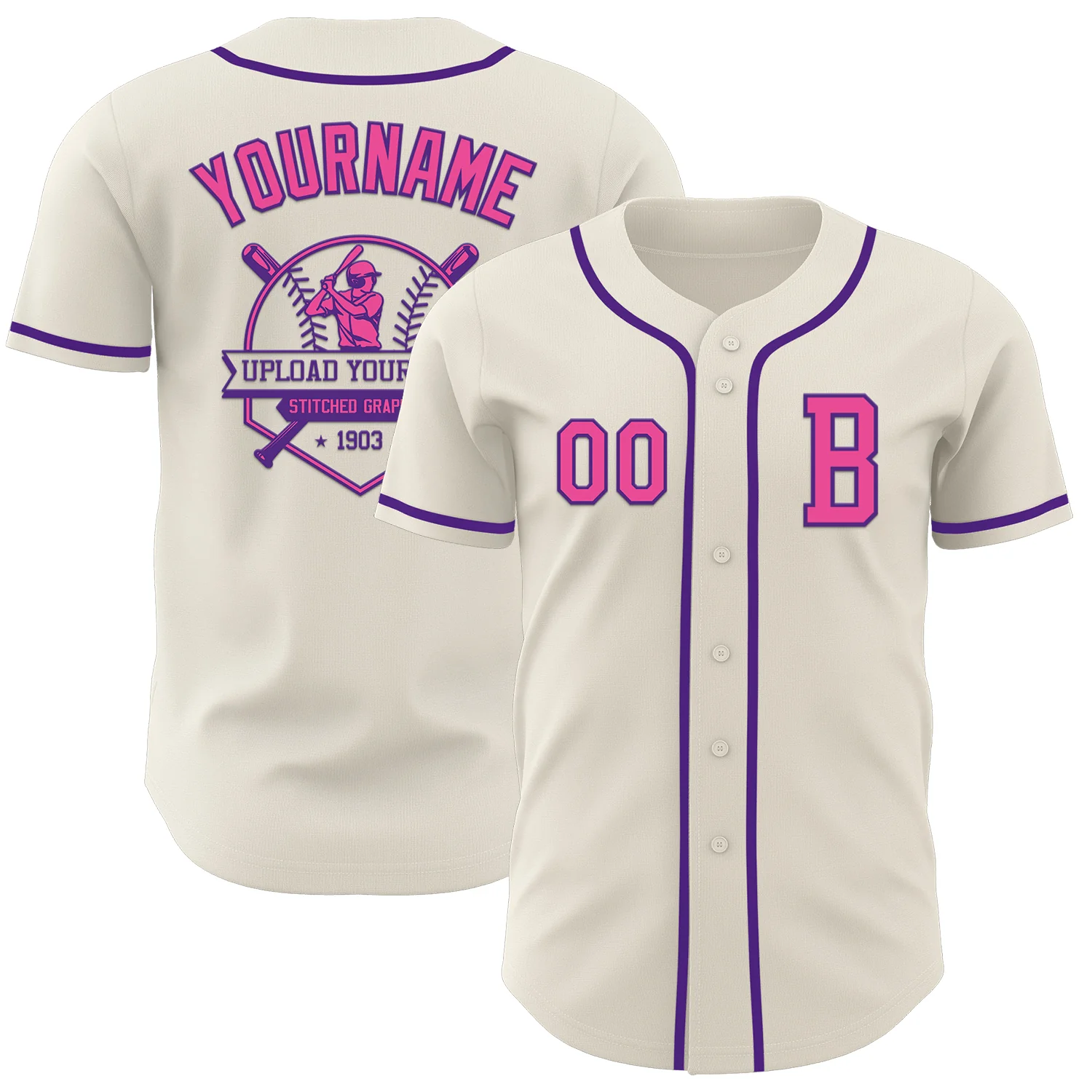 Custom Cream Pink-Purple Authentic Baseball Jersey - Image 5