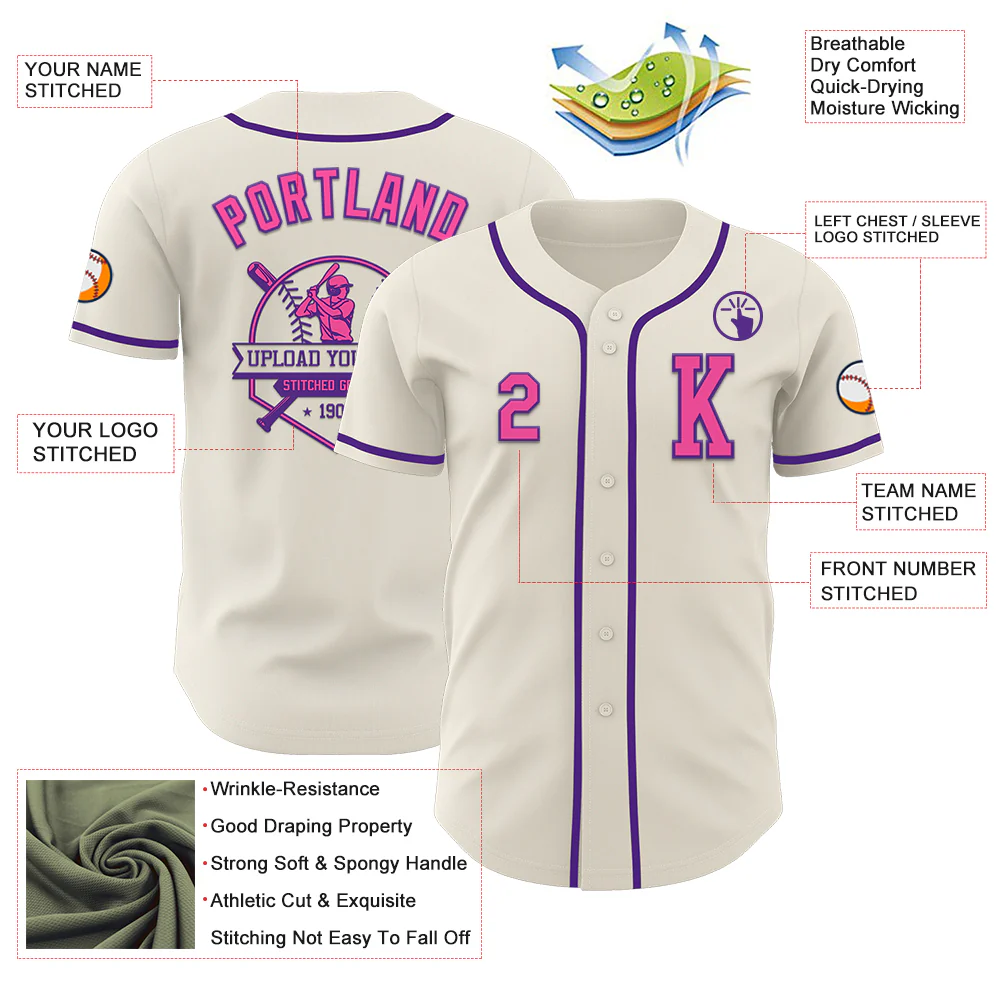 Custom Cream Pink-Purple Authentic Baseball Jersey - Image 6