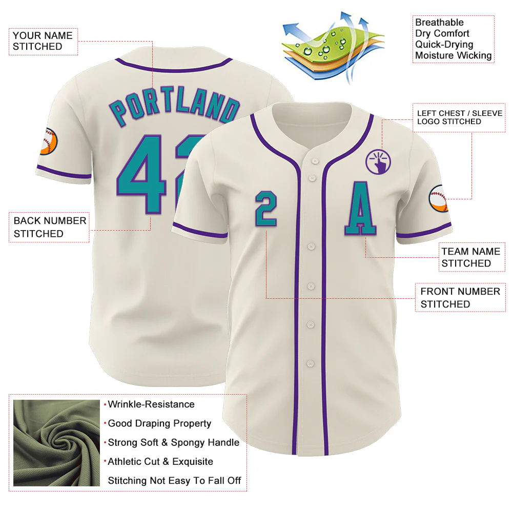 Custom Cream Teal-Purple Authentic Baseball Jersey - Image 2