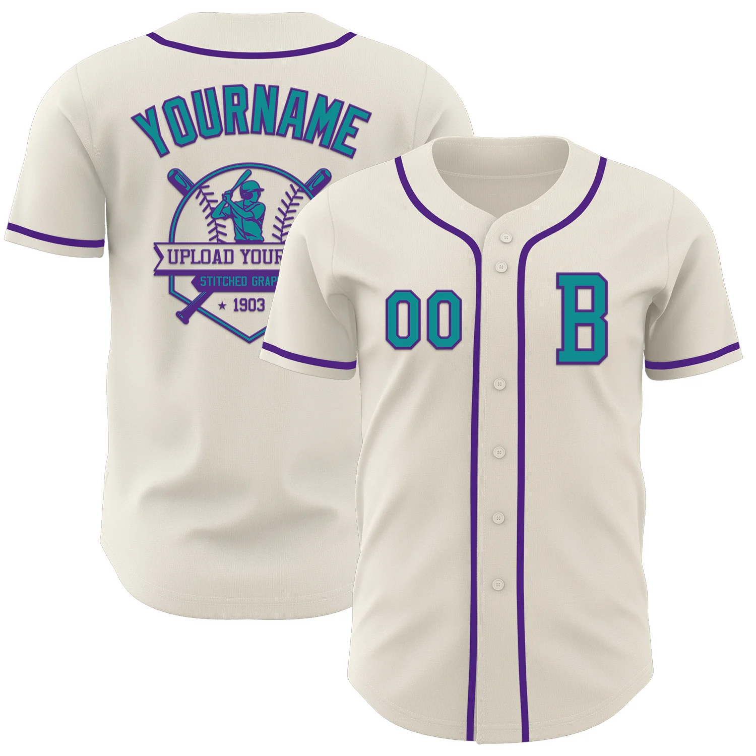 Custom Cream Teal-Purple Authentic Baseball Jersey - Image 5