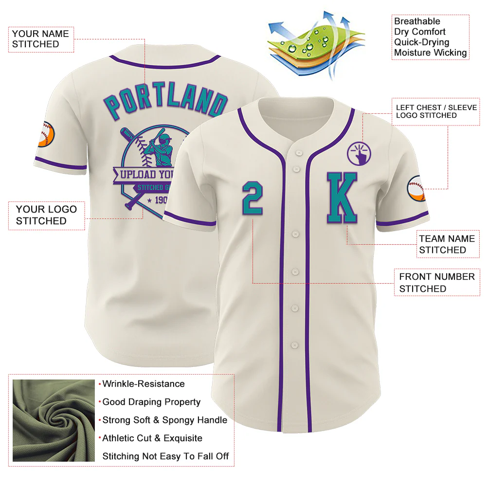Custom Cream Teal-Purple Authentic Baseball Jersey - Image 6