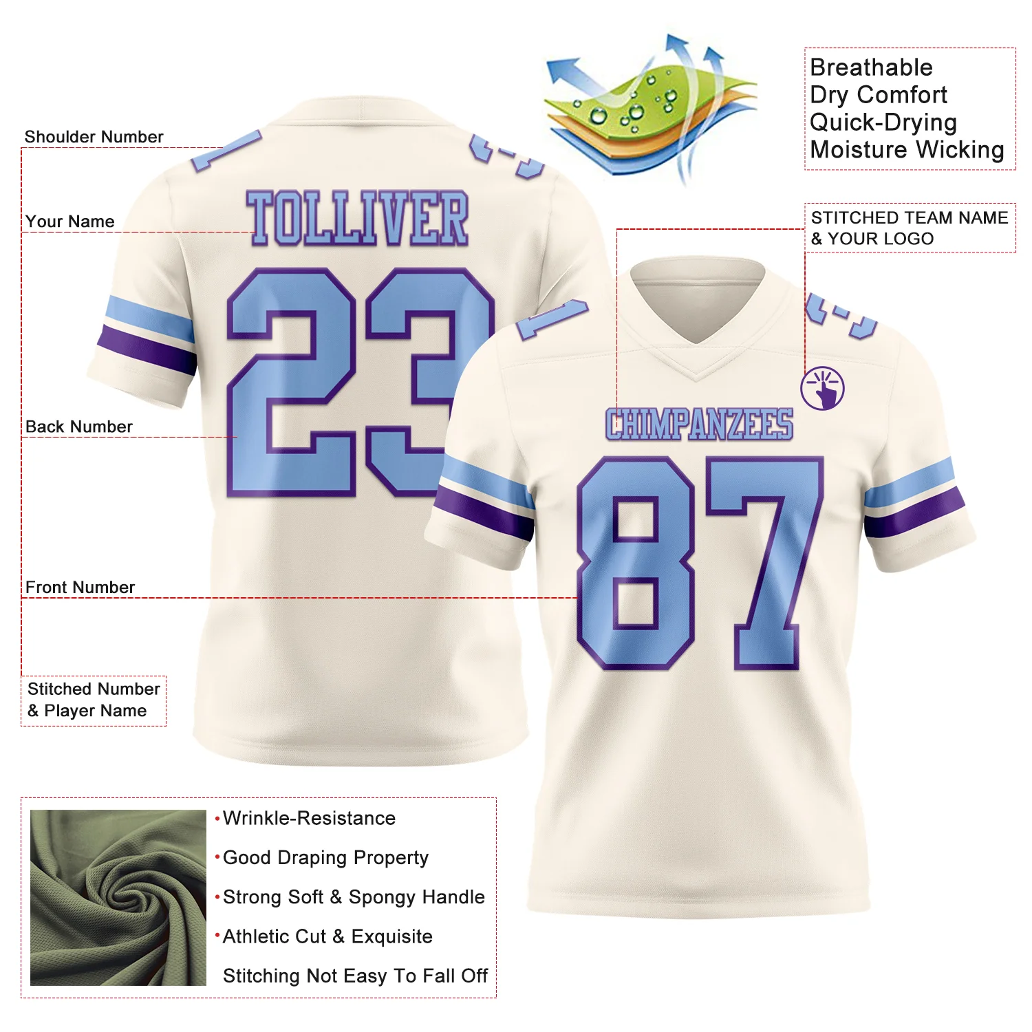Custom Cream Light Blue-Purple Authentic Football Jersey - Image 3