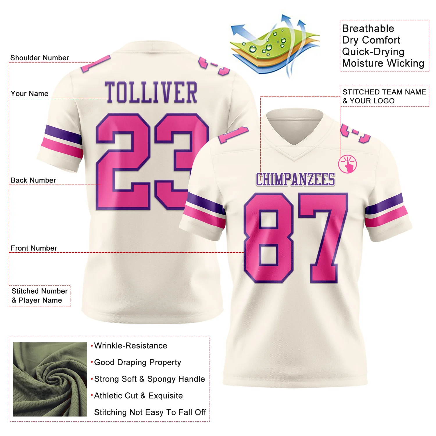 Custom Cream Pink-Purple Authentic Football Jersey - Image 3