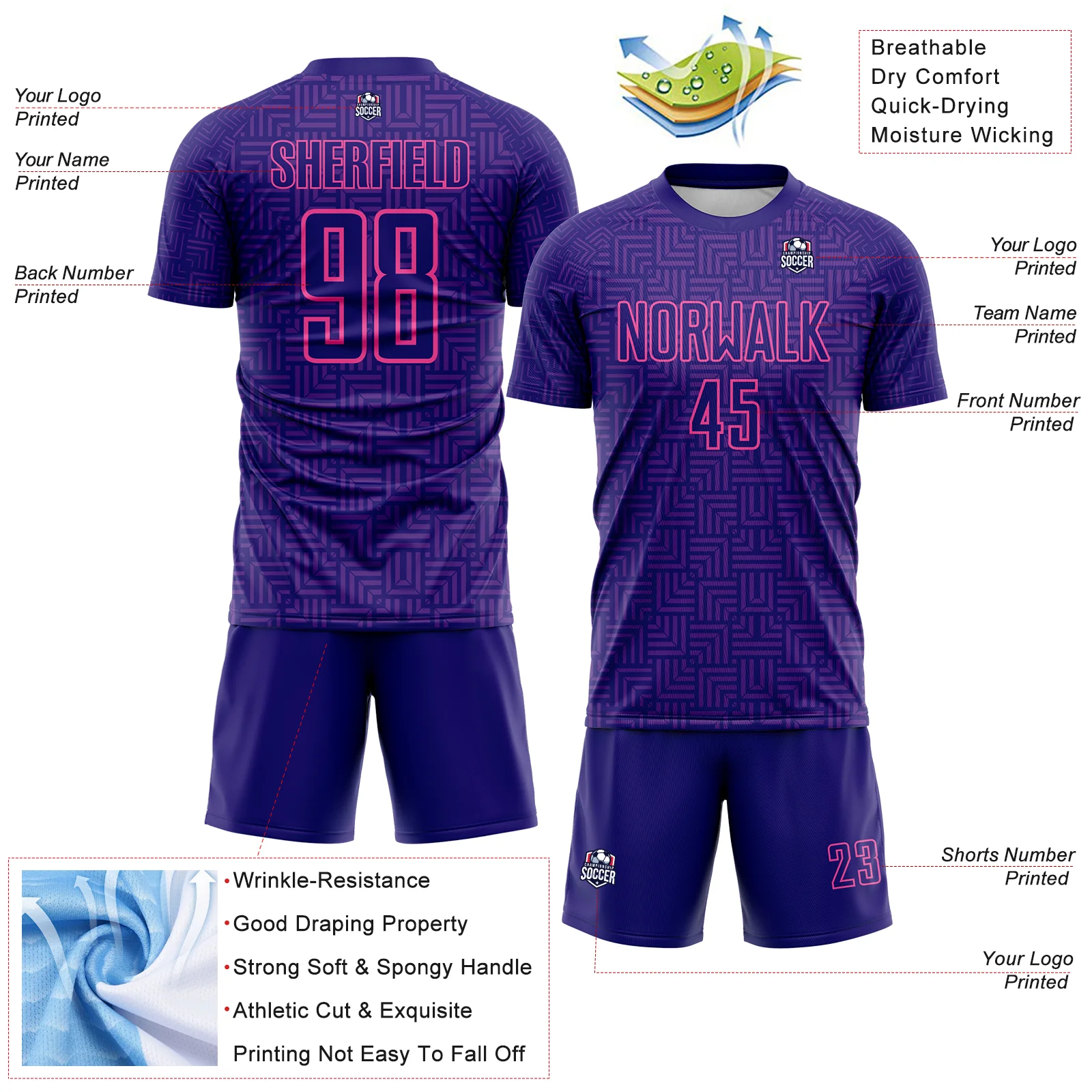 Custom Dark Purple Purple-Pink Geometric Maze Interlocking Square Sports Sublimation Soccer Uniform Jersey - Image 4
