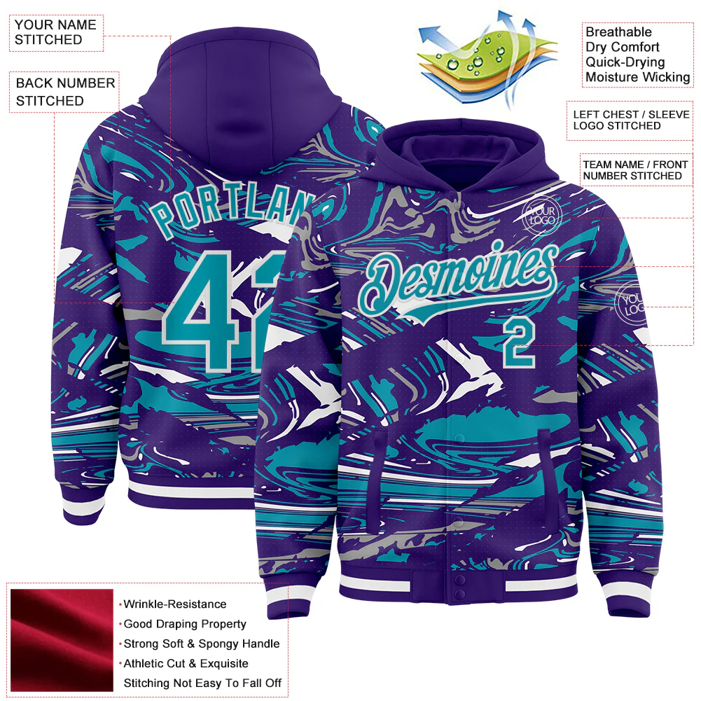 Custom Figure Teal Purple-White Fluid Pattern Bomber Full-Snap Varsity Letterman Hoodie Jacket - Image 4
