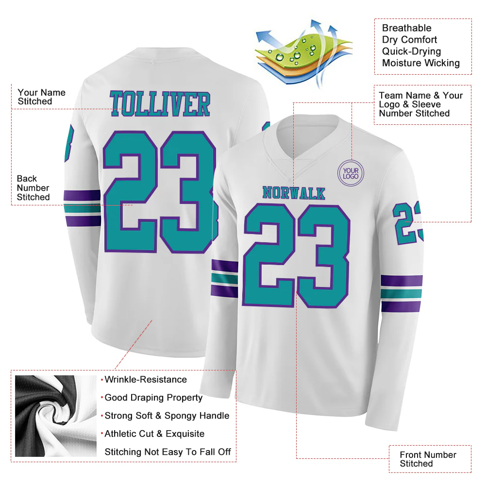 Custom White Teal-Purple Long Sleeve Authentic Football Jersey - Image 2