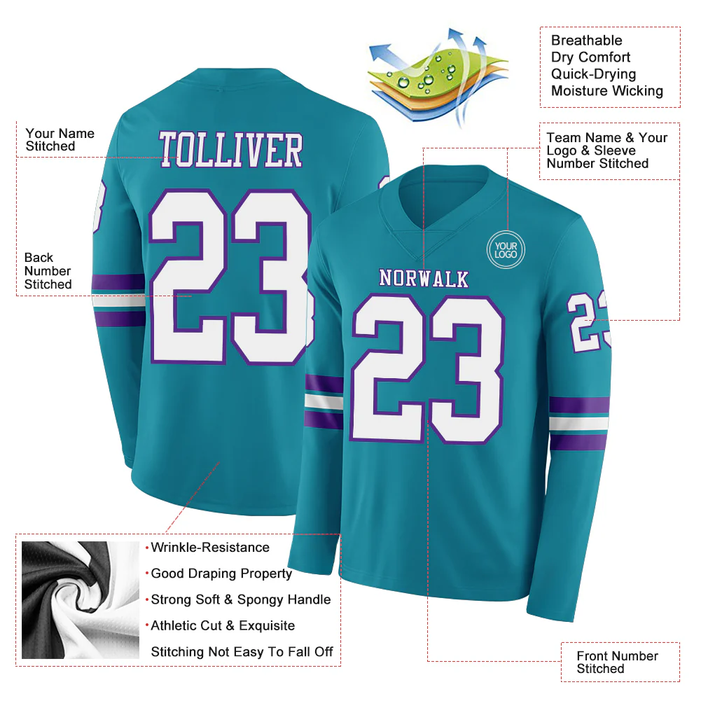 Custom Teal White-Purple Long Sleeve Authentic Football Jersey - Image 2