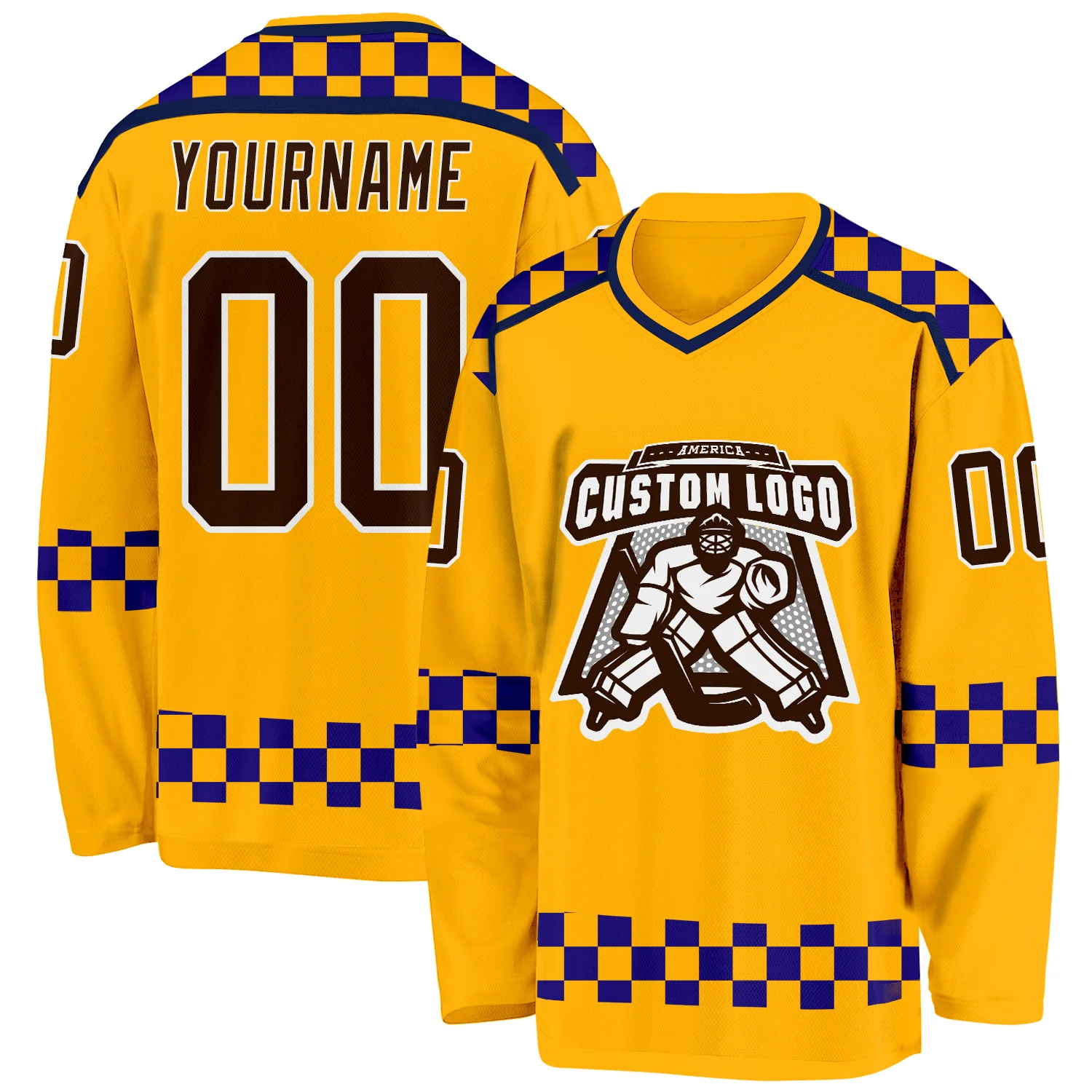 Custom Gold Brown Purple Navy-White Plaid Hockey Jersey - Image 2