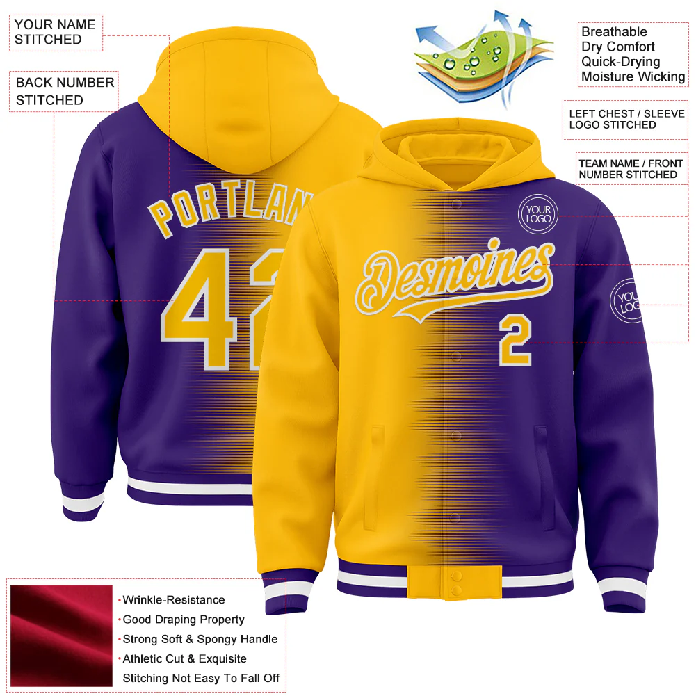 Custom Gold Purple-White Gradient Line Bomber Full-Snap Varsity Letterman Hoodie Jacket - Image 4