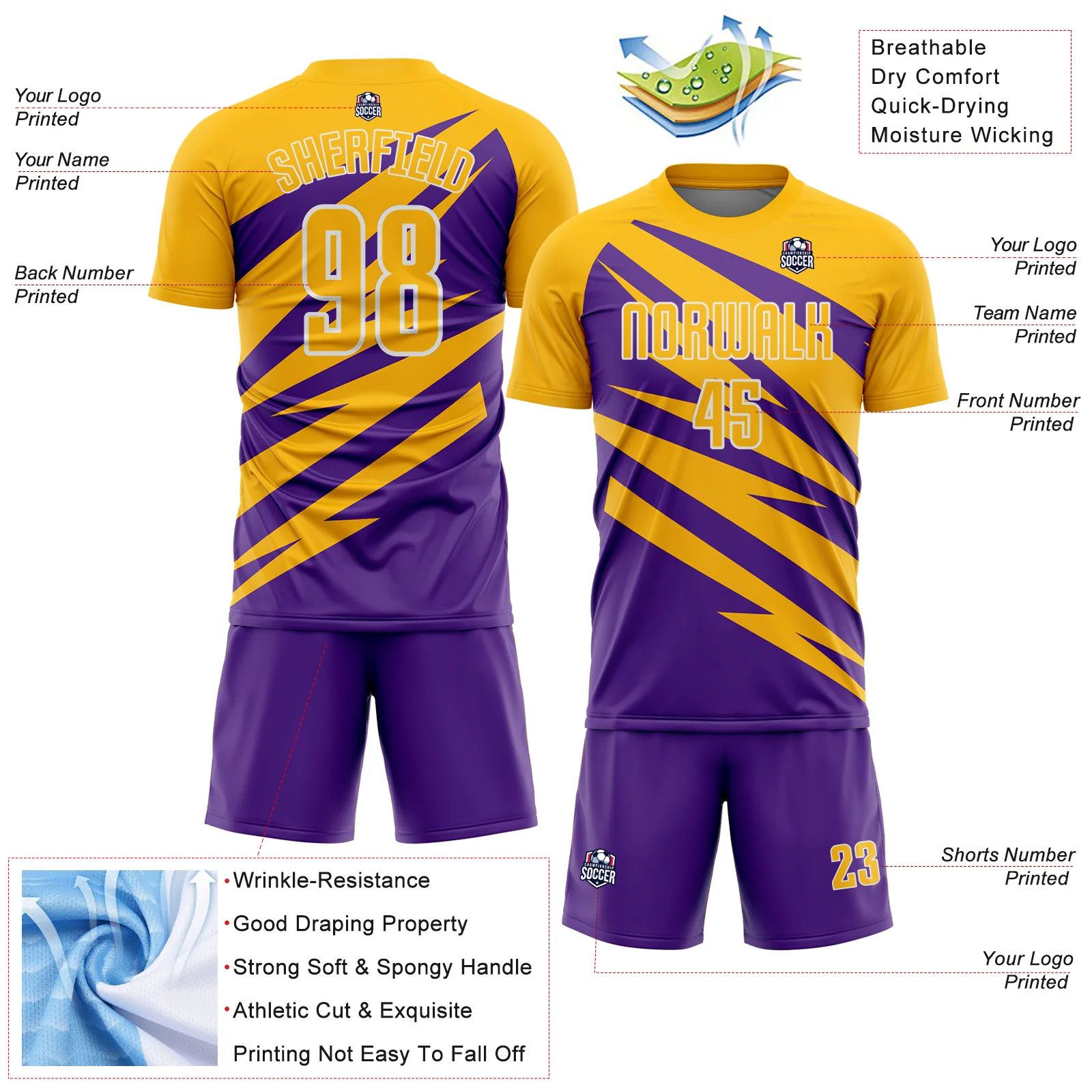Custom Gold Purple-White Abstract Line Sports Sublimation Soccer Uniform Jersey - Image 4
