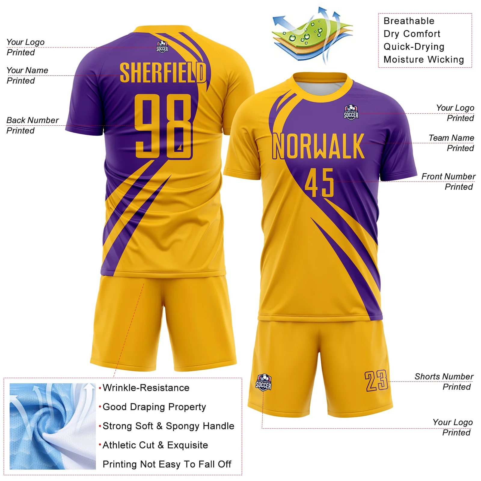Custom Gold Purple Diagonal Streamline Color Block Swirl Curve Lines Sublimation Soccer Uniform Jersey - Image 3