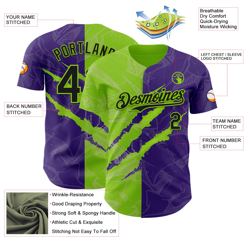 Custom Graffiti Pattern Black Purple-Neon Green 3D Scratch Authentic Baseball Jersey - Image 3
