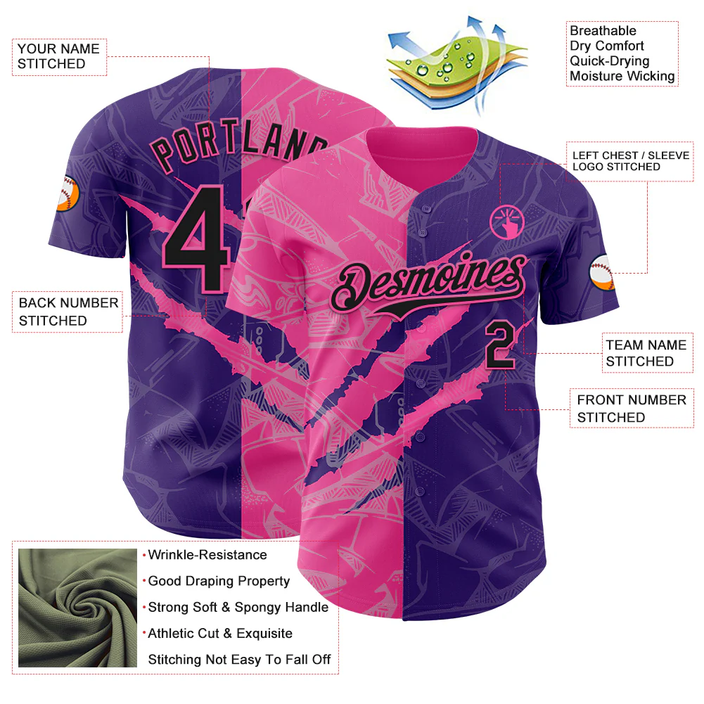 Custom Graffiti Pattern Black Purple-Pink 3D Scratch Authentic Baseball Jersey - Image 3