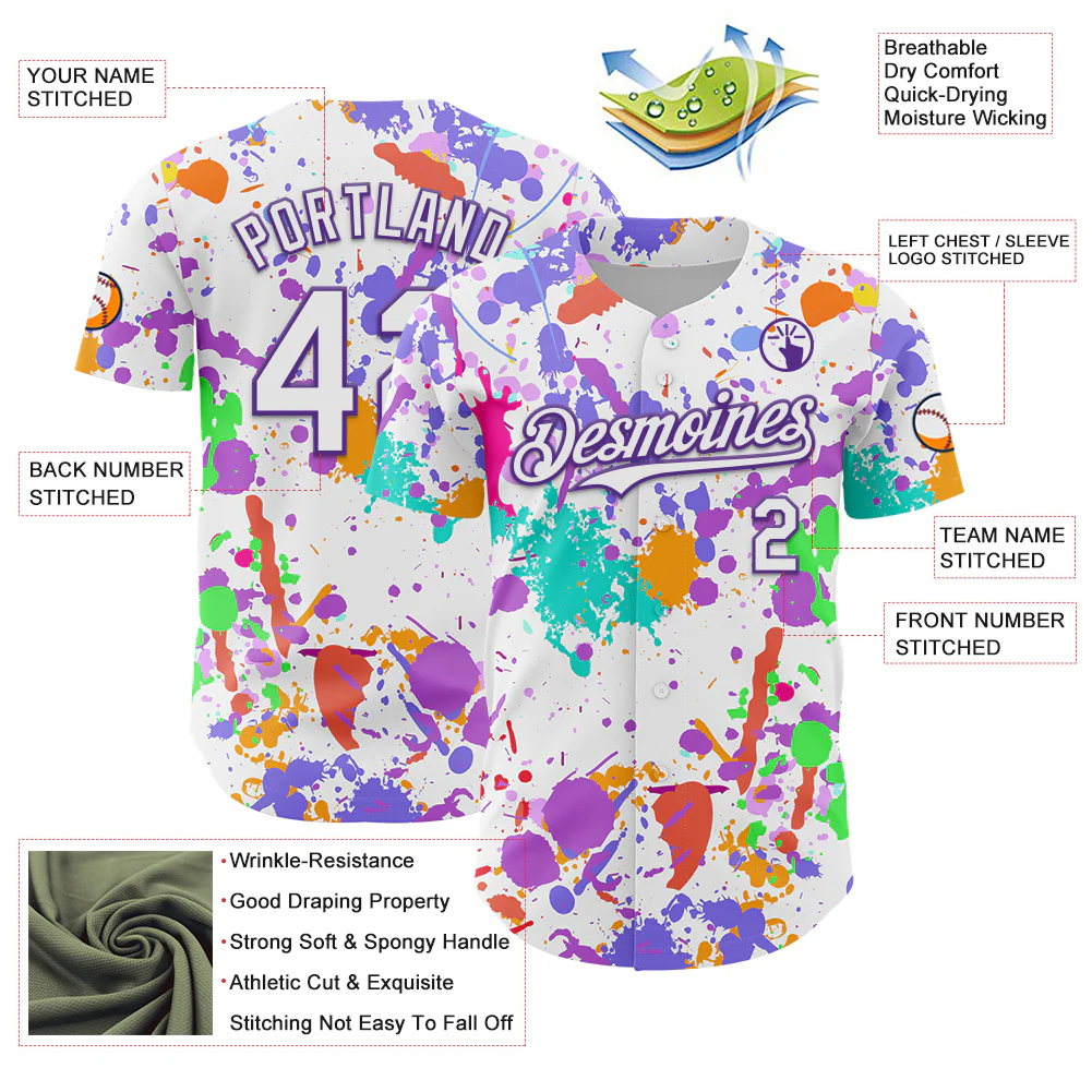 Custom Graffiti Pattern White-Purple Authentic Baseball Jersey - Image 3