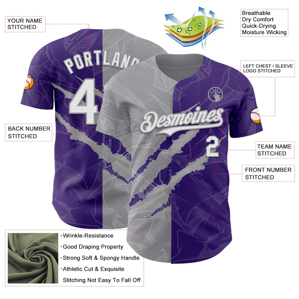 Custom Graffiti Pattern White Purple-Gray 3D Scratch Authentic Baseball Jersey - Image 3