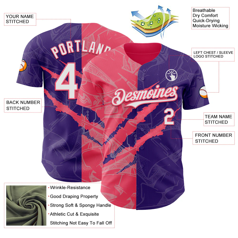 Custom Graffiti Pattern White Purple-Neon Pink 3D Scratch Authentic Baseball Jersey - Image 3