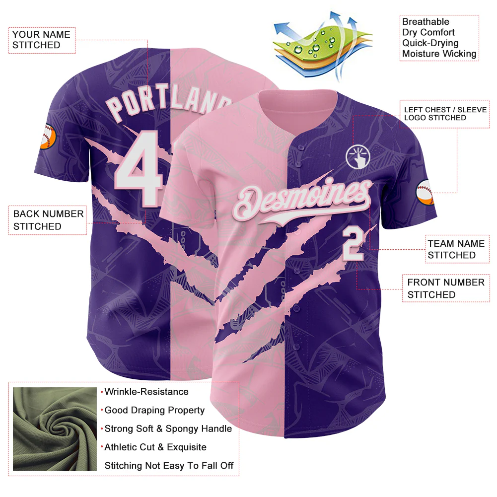 Custom Graffiti Pattern White Purple-Light Pink 3D Scratch Authentic Baseball Jersey - Image 3