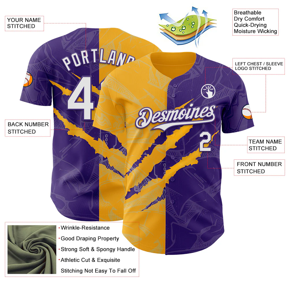 Custom Graffiti Pattern White Purple-Gold 3D Scratch Authentic Baseball Jersey - Image 3
